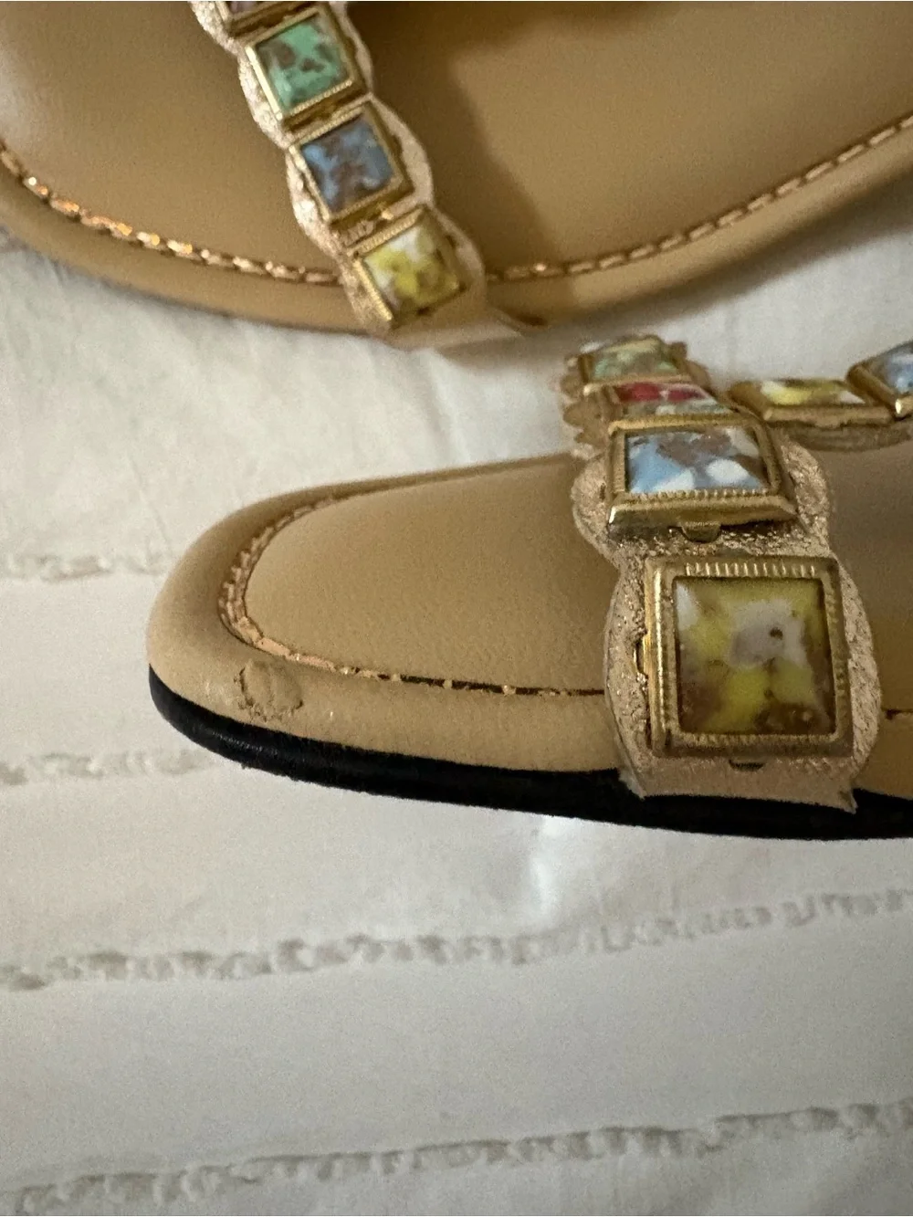 Beacon Tan T-Strap Sandals with Multicolor Gemstones